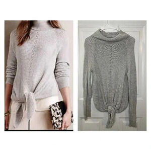 MOTH ANTHROPOLOGIE Tie Front Turtleneck Cashmere Cotton Blend Gray Sweater Small